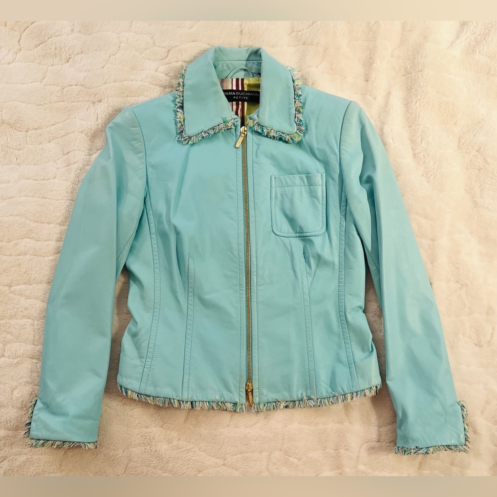 Y2K Vintage Dana Buchman 100% 
Leather Jacket in aqua blue ( Tiffany blue) 2